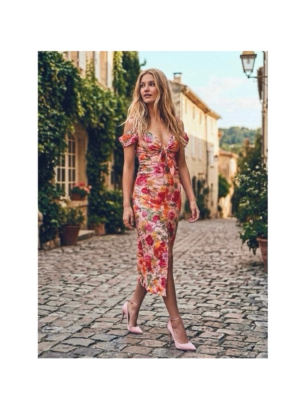 For Love and Lemons Beth Midi Dress Floral Lace Cold-Shoulder Front Slit M
